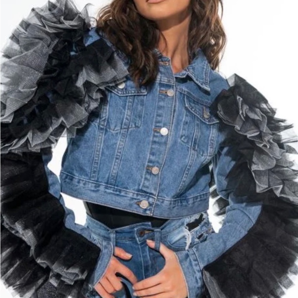 Azela Wang Chicka Chicka Denim Ruffle Jacket